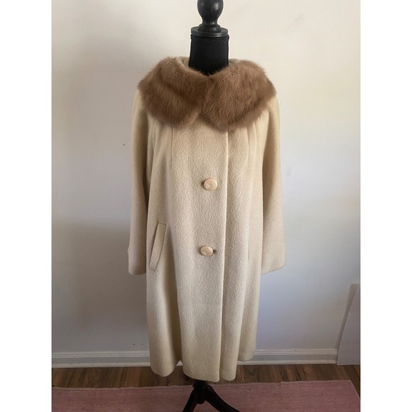 Unbranded Vintage Jackets & Blazers - Vintage Cream Wool Coat Real Mink Fur Collar Mid-Century Modern Button Front L